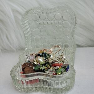 Vintage Glass Trinket Box with Assorted Earrings